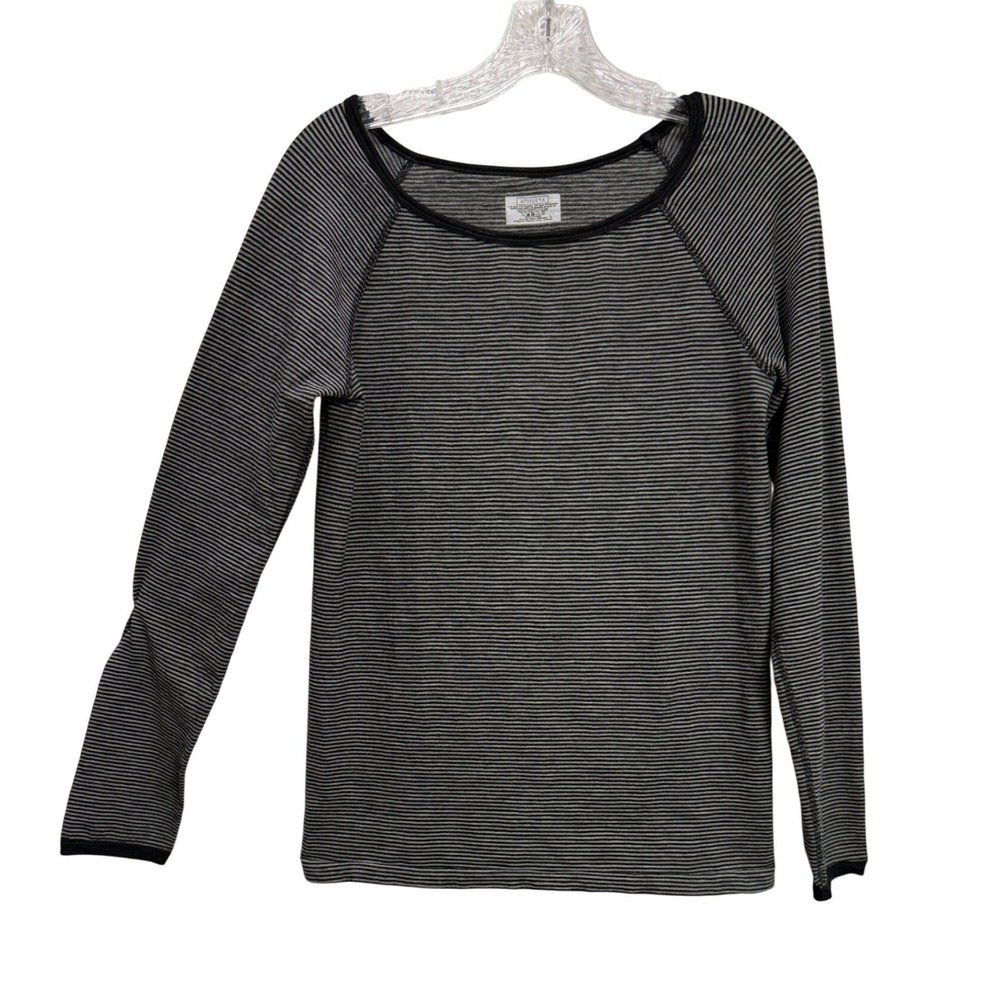 Athleta Base Layer Top Black/Grey Micro Striped Wool Blend Hike gorpcore L